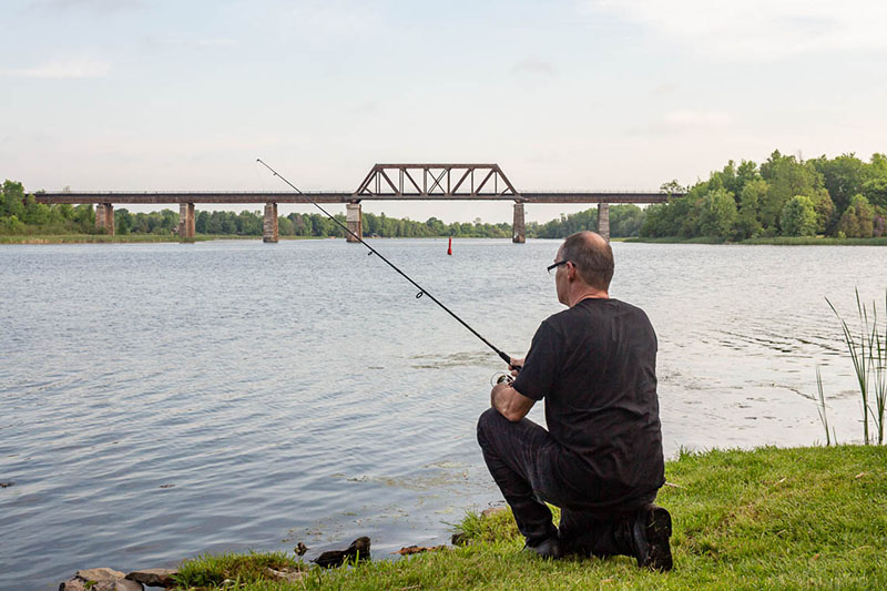Man fishing off the shore of the rideau river.