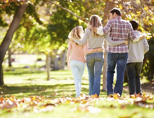A family of four with their backs to the camera are walking through a sunny park with their arms wrapped around each other.