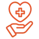 Graphic icon of a hand holding a heart with a medical sign inside of it